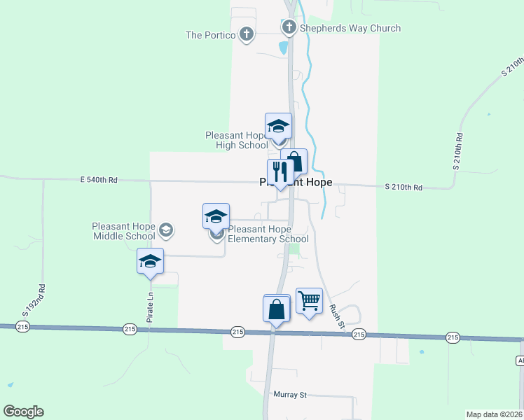 map of restaurants, bars, coffee shops, grocery stores, and more near Adams Street in Pleasant Hope