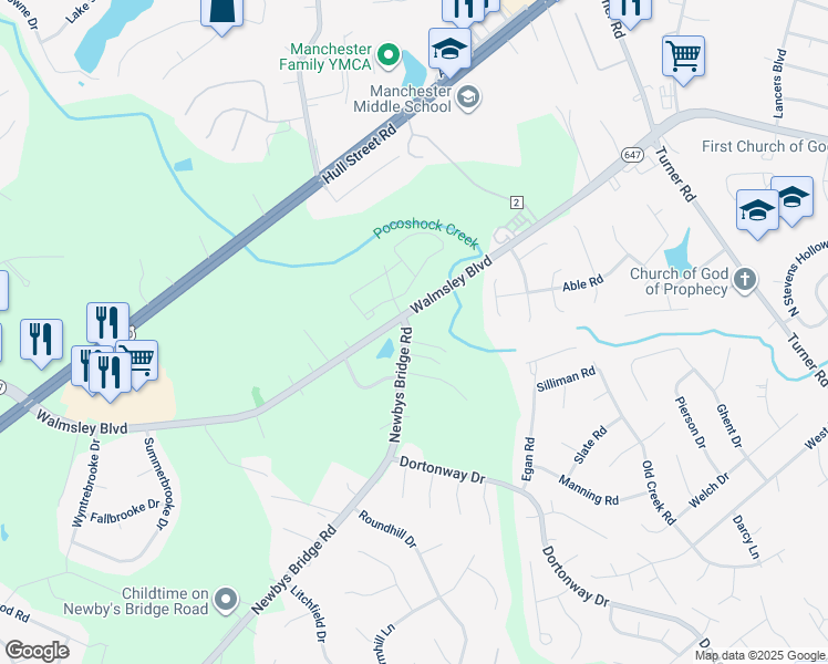 map of restaurants, bars, coffee shops, grocery stores, and more near 7418 Newbys Court in Chesterfield
