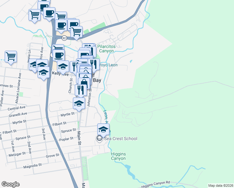 map of restaurants, bars, coffee shops, grocery stores, and more near 1009 Miramontes Street in Half Moon Bay