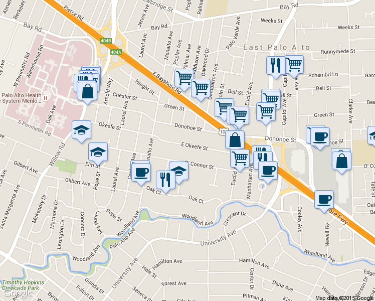 map of restaurants, bars, coffee shops, grocery stores, and more near 301 East Okeefe Street in East Palo Alto
