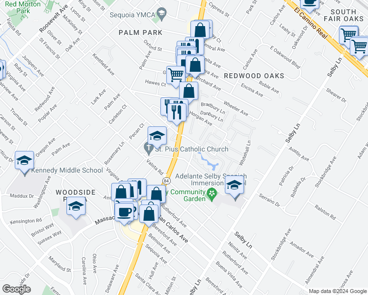 map of restaurants, bars, coffee shops, grocery stores, and more near 1811 Kentfield Avenue in Redwood City