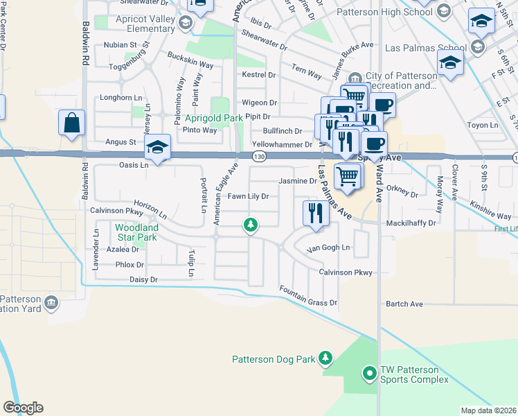 map of restaurants, bars, coffee shops, grocery stores, and more near 1219 Jewel Flower Drive in Patterson