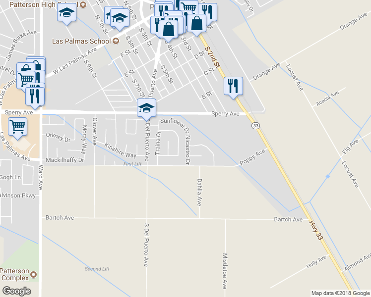 map of restaurants, bars, coffee shops, grocery stores, and more near 551 Nicastro Drive in Patterson