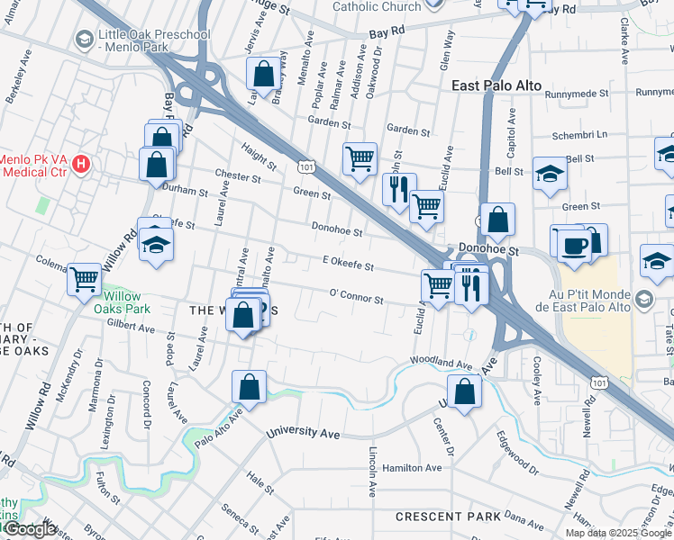 map of restaurants, bars, coffee shops, grocery stores, and more near 280 East Okeefe Street in East Palo Alto