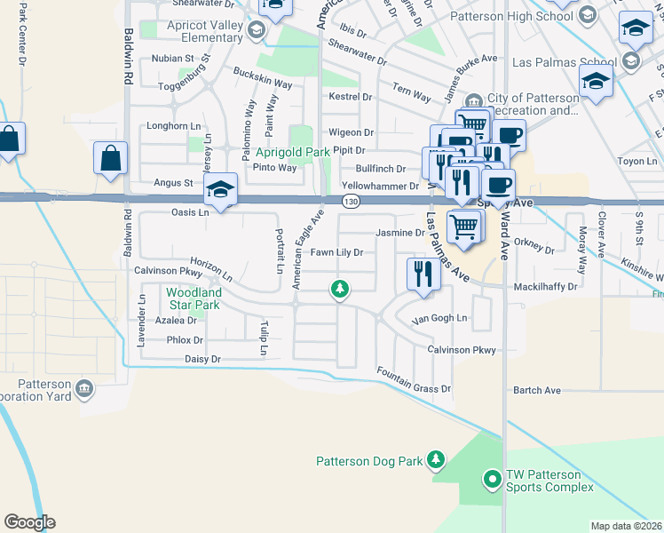 map of restaurants, bars, coffee shops, grocery stores, and more near 115 Bella Flora Lane in Patterson
