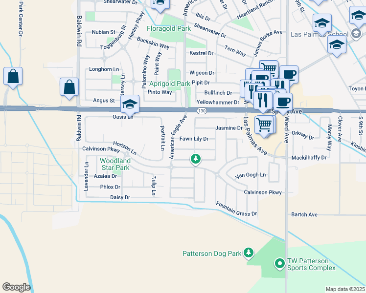 map of restaurants, bars, coffee shops, grocery stores, and more near 1247 Jewel Flower Drive in Patterson