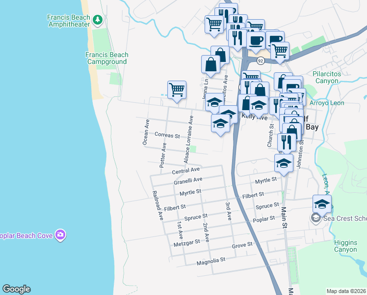 map of restaurants, bars, coffee shops, grocery stores, and more near 638 Alsace Lorraine Avenue in Half Moon Bay