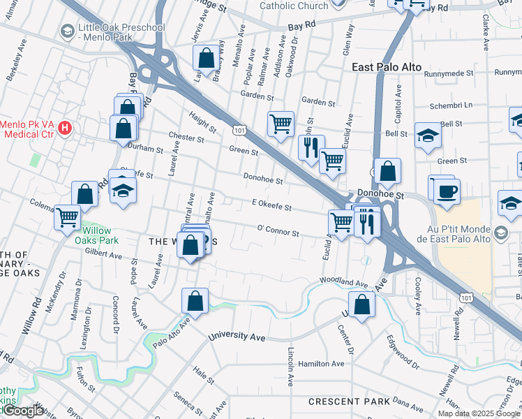 map of restaurants, bars, coffee shops, grocery stores, and more near 280 East Okeefe Street in East Palo Alto