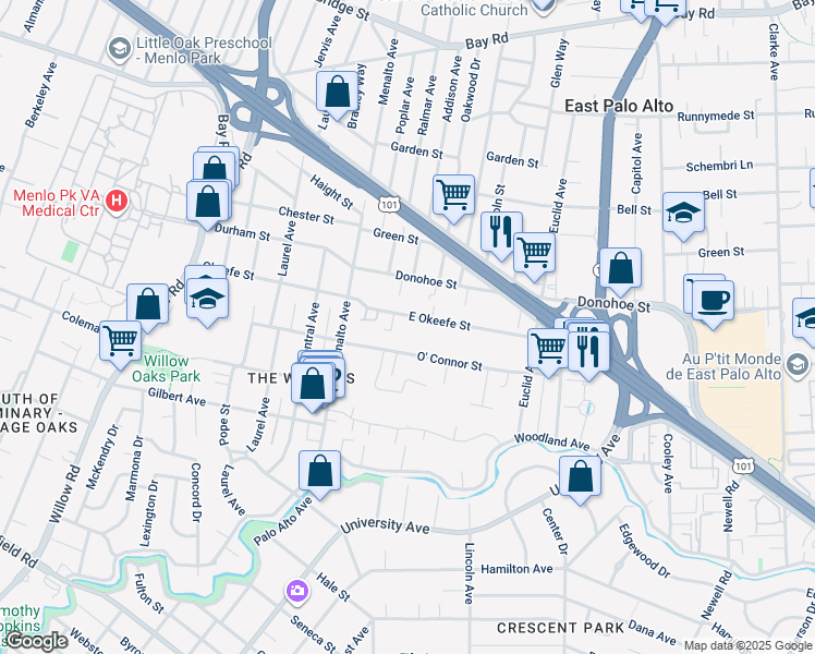 map of restaurants, bars, coffee shops, grocery stores, and more near 215 East Okeefe Street in East Palo Alto