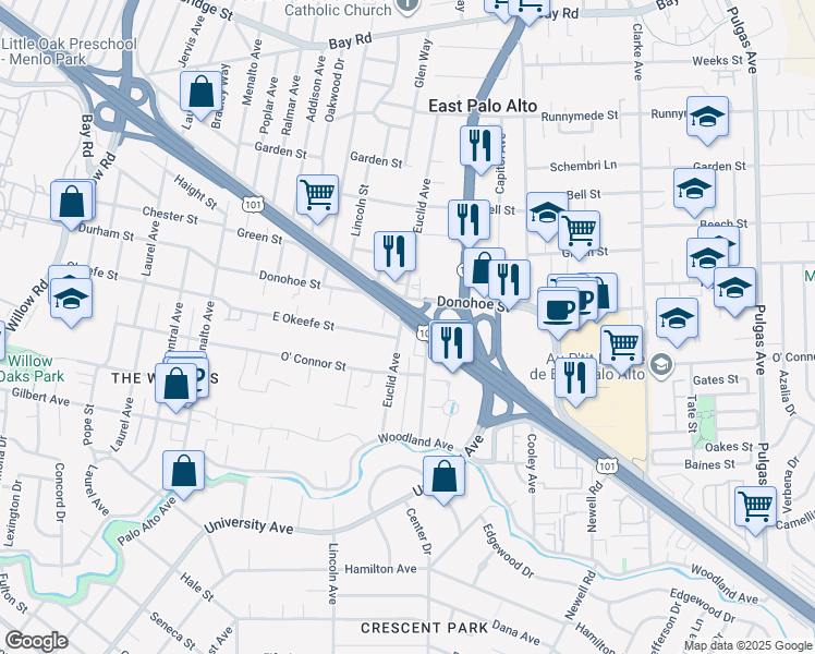 map of restaurants, bars, coffee shops, grocery stores, and more near 2 West Bayshore Road in East Palo Alto