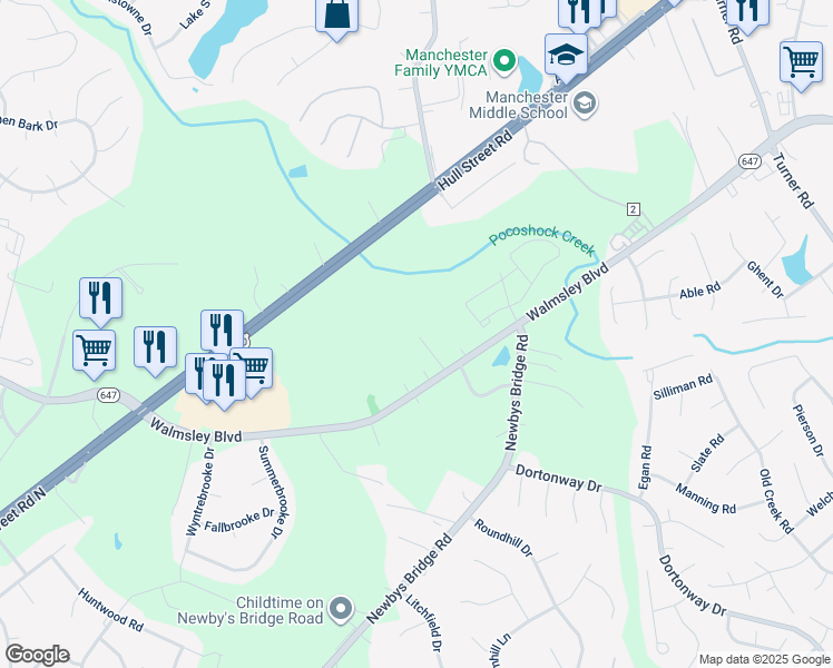 map of restaurants, bars, coffee shops, grocery stores, and more near 7702 Walmsley Boulevard in Richmond