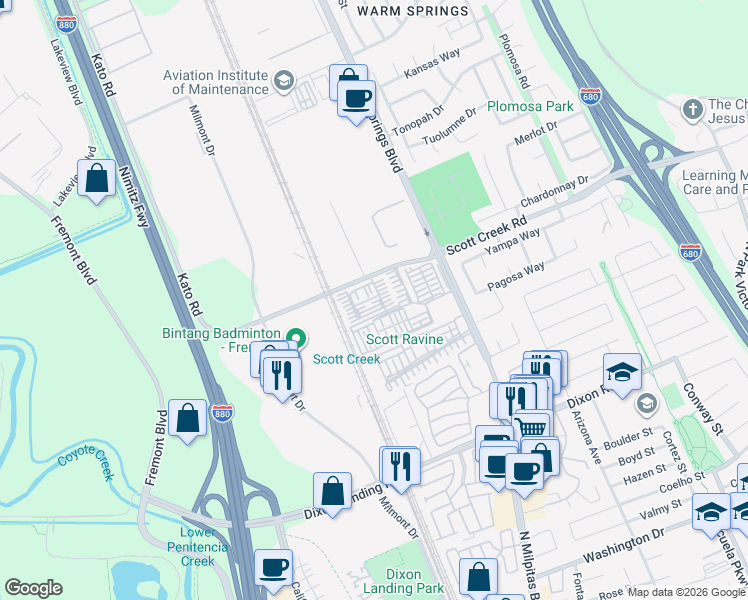 map of restaurants, bars, coffee shops, grocery stores, and more near 508 Sago Palm Terrace in Fremont