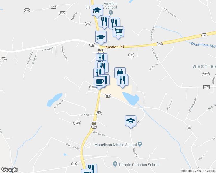 map of restaurants, bars, coffee shops, grocery stores, and more near Madison Heights Square in Madison Heights