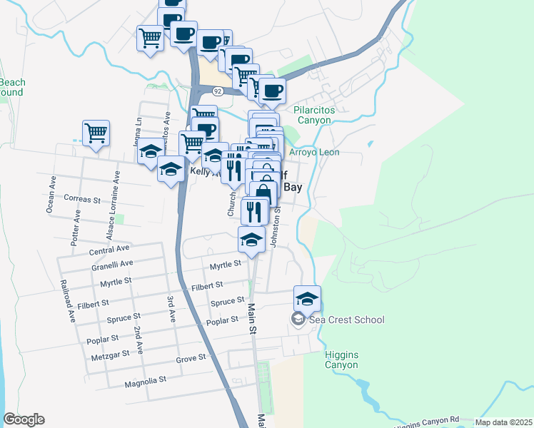 map of restaurants, bars, coffee shops, grocery stores, and more near 2 Main Street in Half Moon Bay