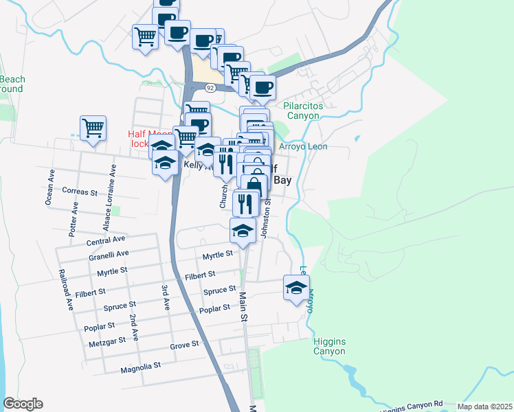 map of restaurants, bars, coffee shops, grocery stores, and more near 721 Miramontes Street in Half Moon Bay