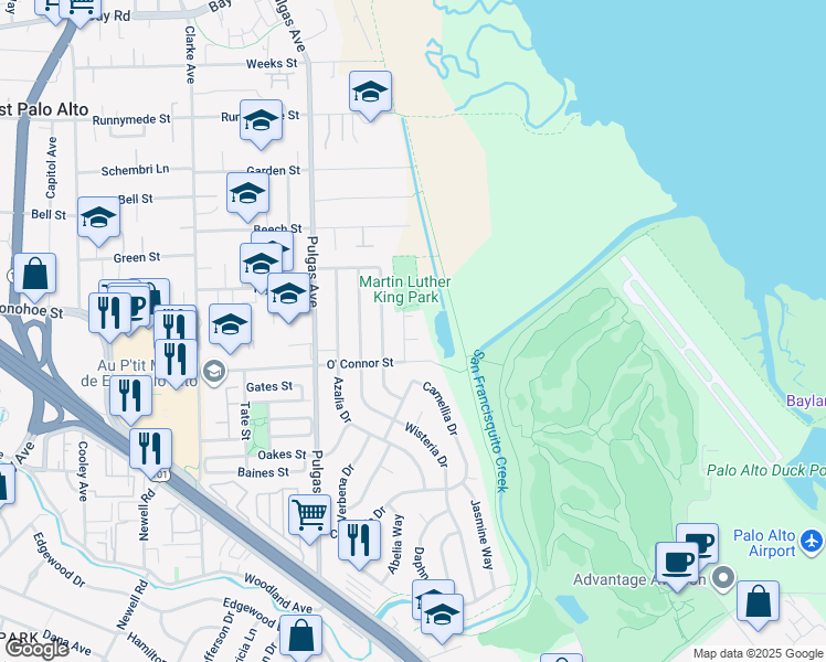 map of restaurants, bars, coffee shops, grocery stores, and more near 434 Hibiscus Court in East Palo Alto