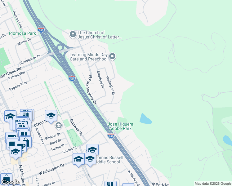 map of restaurants, bars, coffee shops, grocery stores, and more near 2000 Wellington Drive in Milpitas