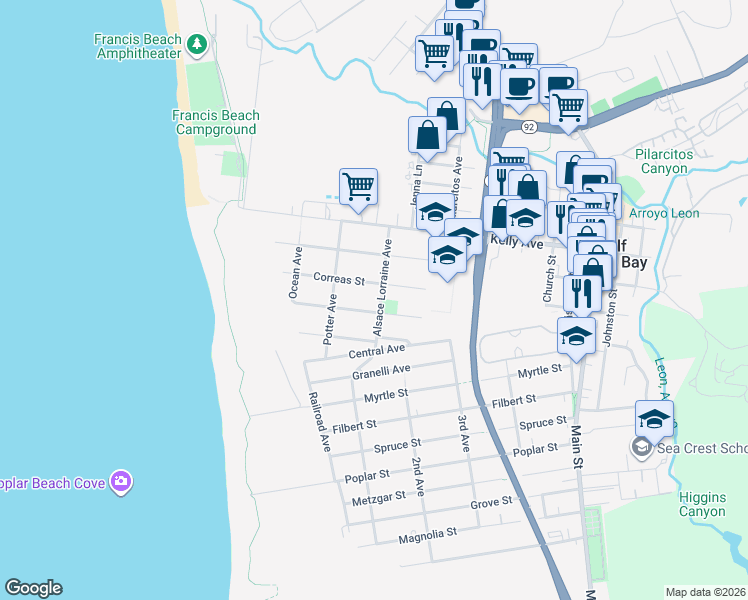 map of restaurants, bars, coffee shops, grocery stores, and more near 628 Alsace Lorraine Avenue in Half Moon Bay