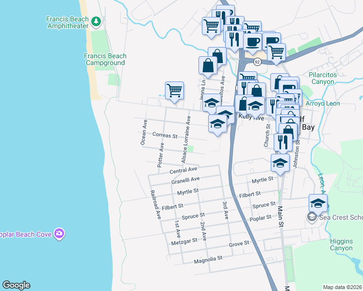 map of restaurants, bars, coffee shops, grocery stores, and more near 628 Alsace Lorraine Avenue in Half Moon Bay