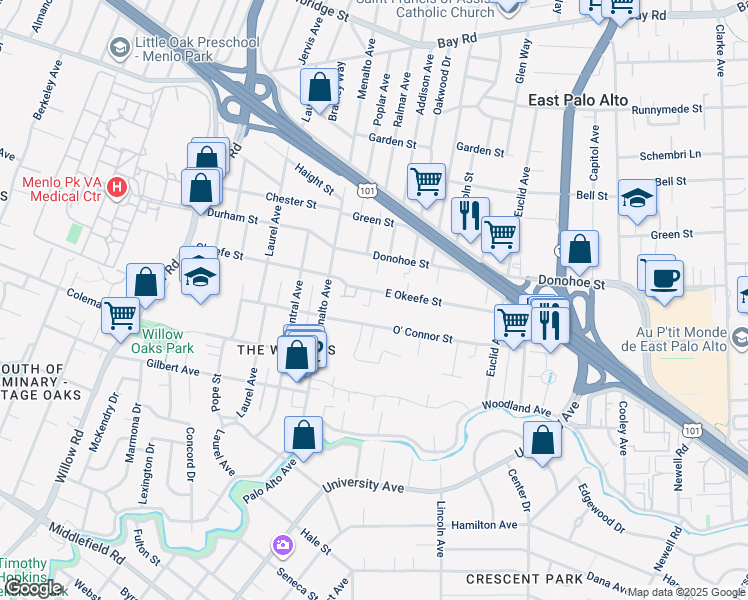 map of restaurants, bars, coffee shops, grocery stores, and more near 215 East Okeefe Street in East Palo Alto