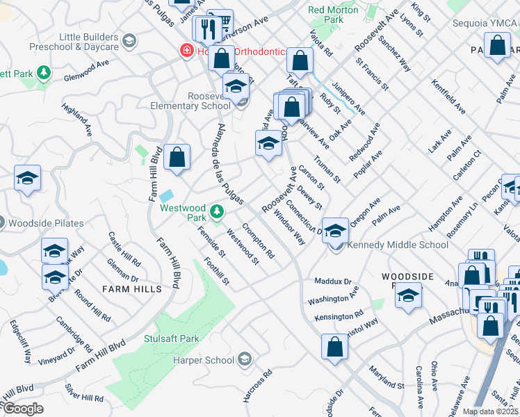 map of restaurants, bars, coffee shops, grocery stores, and more near 2674 Briarfield Avenue in Redwood City