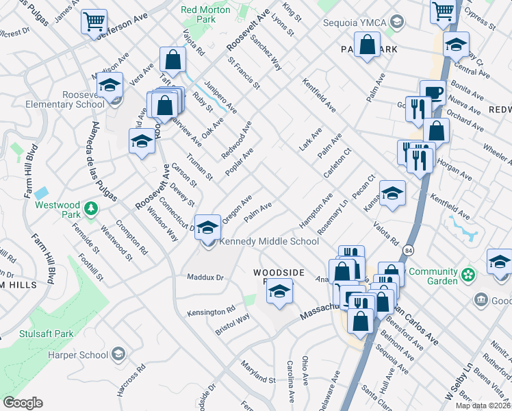 map of restaurants, bars, coffee shops, grocery stores, and more near 2054 Palm Avenue in Redwood City
