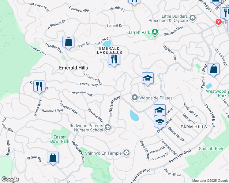 map of restaurants, bars, coffee shops, grocery stores, and more near 3835 Woodland Way in Emerald Hills