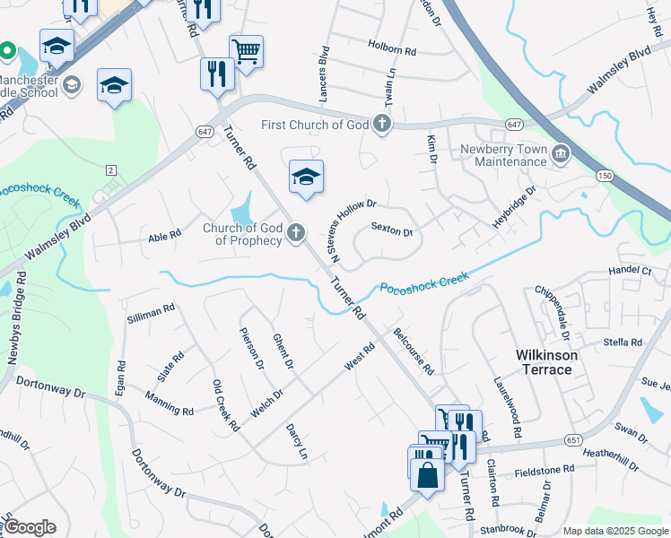map of restaurants, bars, coffee shops, grocery stores, and more near 6553 South Stevens Hollow Drive in Chesterfield