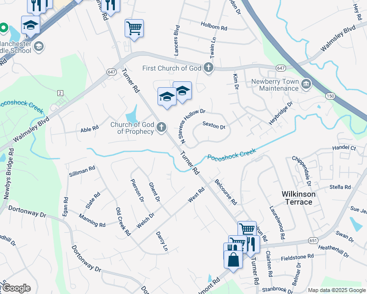 map of restaurants, bars, coffee shops, grocery stores, and more near 6553 South Stevens Hollow Drive in Chesterfield