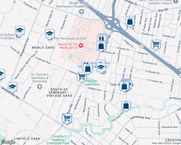 map of restaurants, bars, coffee shops, grocery stores, and more near 600 Willow Road in Menlo Park
