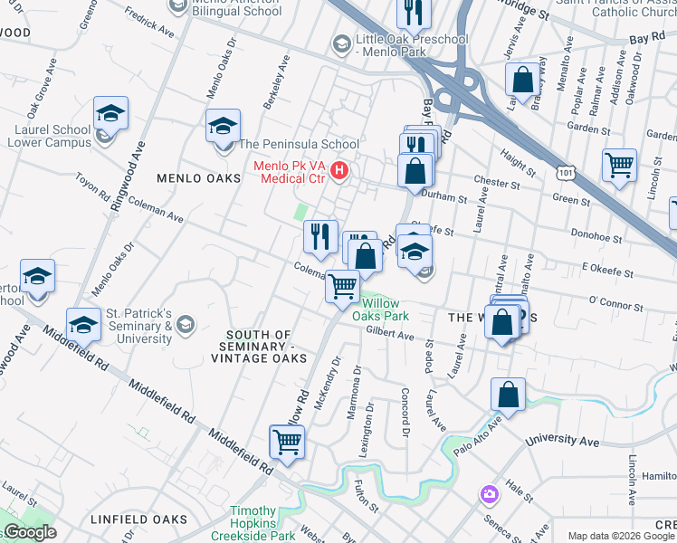 map of restaurants, bars, coffee shops, grocery stores, and more near 4 Coleman Place in Menlo Park