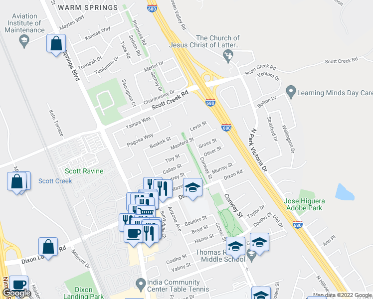 map of restaurants, bars, coffee shops, grocery stores, and more near 2100 Tiny Street in Milpitas