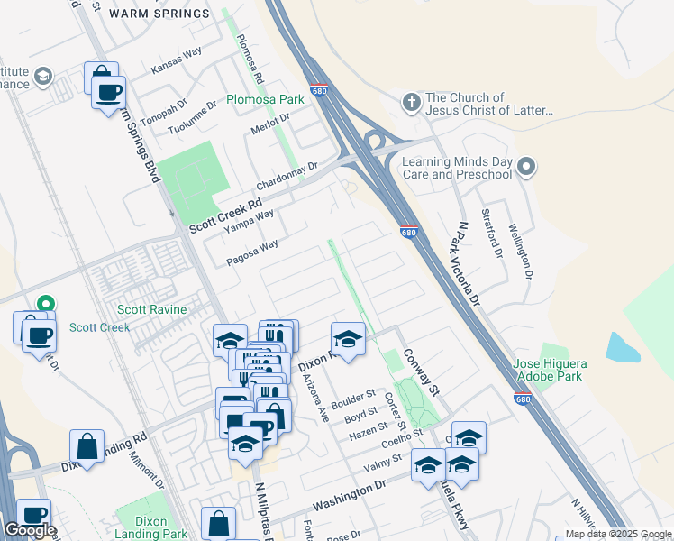 map of restaurants, bars, coffee shops, grocery stores, and more near 2100 Tiny Street in Milpitas