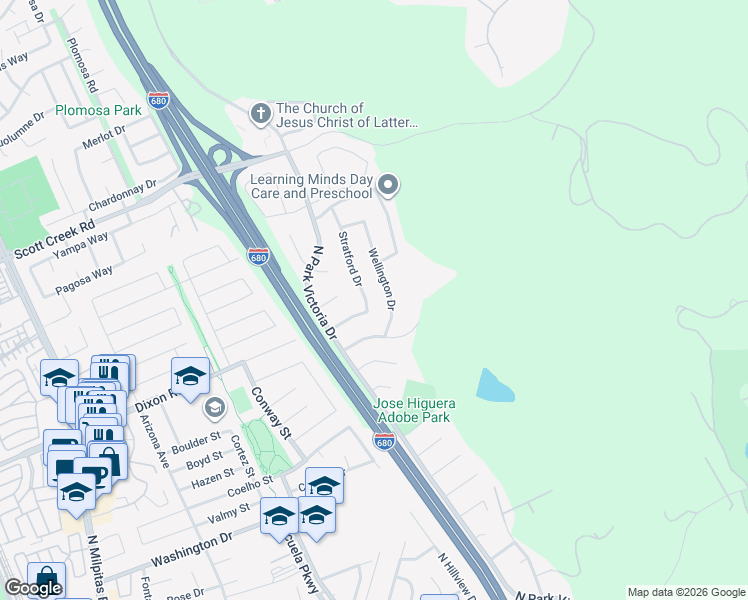map of restaurants, bars, coffee shops, grocery stores, and more near 2022 Stratford Drive in Milpitas