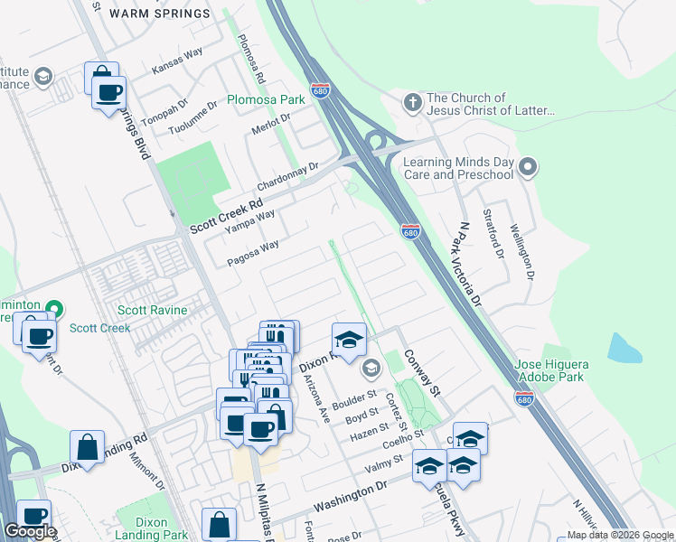 map of restaurants, bars, coffee shops, grocery stores, and more near 2135 Conway Street in Milpitas