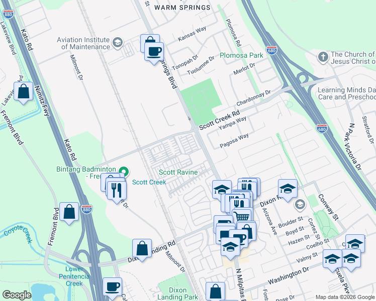 map of restaurants, bars, coffee shops, grocery stores, and more near 48937 Tree Fern Common in Fremont