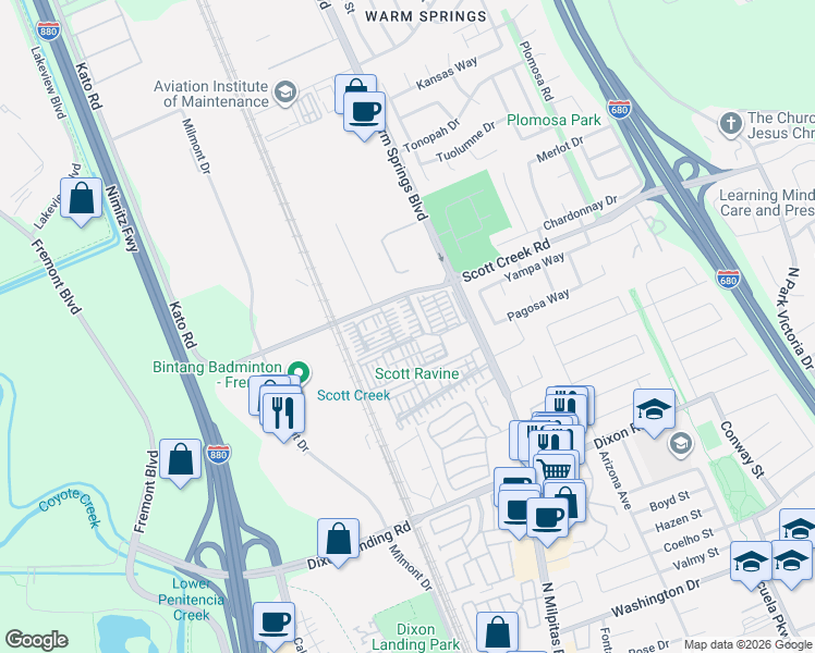 map of restaurants, bars, coffee shops, grocery stores, and more near 48937 Tree Fern Common in Fremont