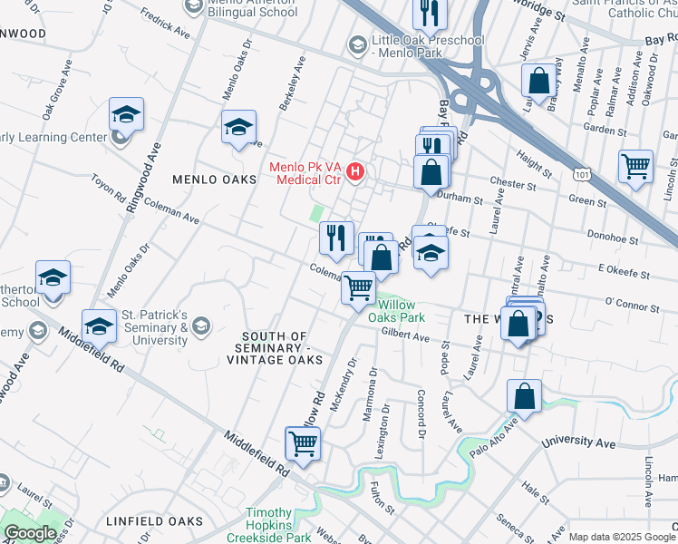 map of restaurants, bars, coffee shops, grocery stores, and more near 11 Coleman Place in Menlo Park