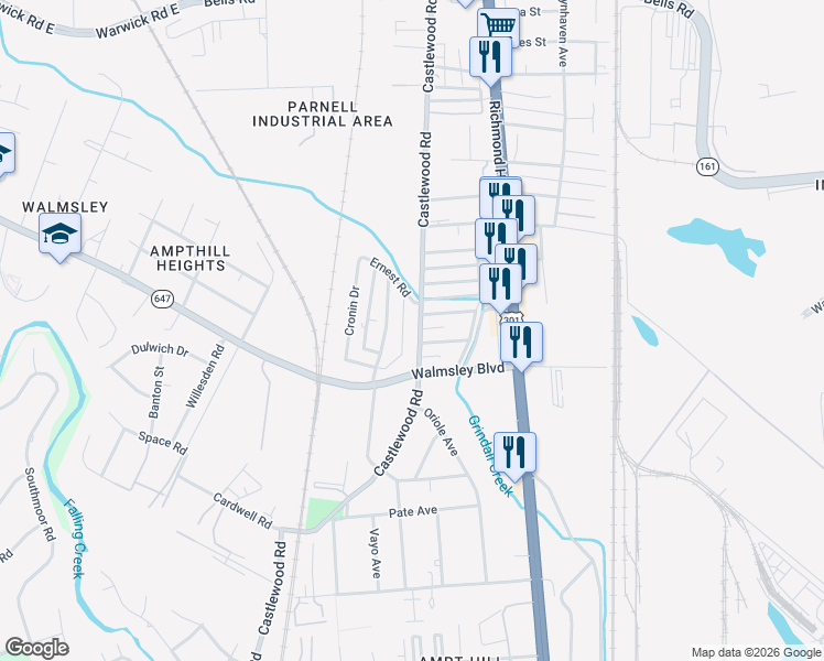 map of restaurants, bars, coffee shops, grocery stores, and more near 4705 Castlewood Road in Richmond
