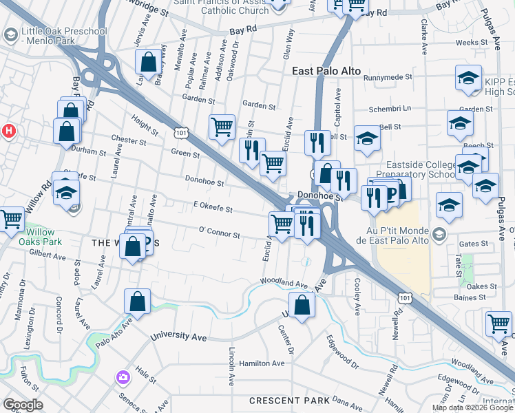 map of restaurants, bars, coffee shops, grocery stores, and more near 453 East Okeefe Street in East Palo Alto