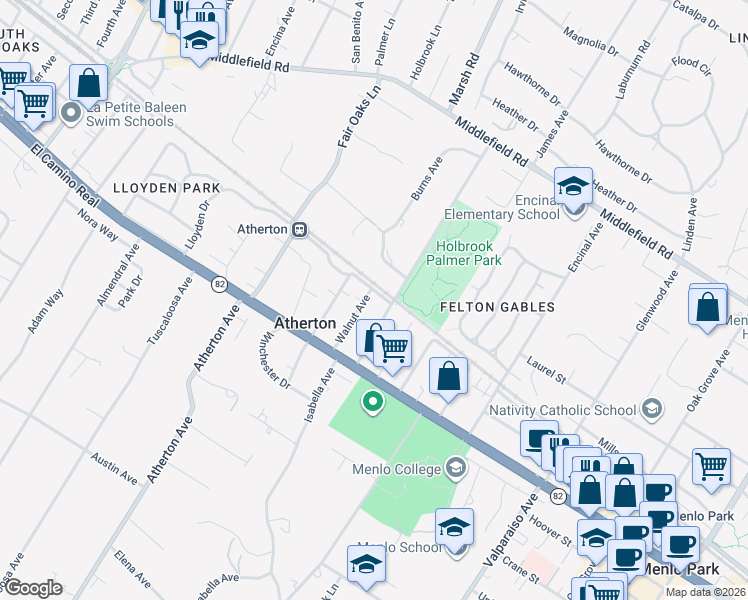 map of restaurants, bars, coffee shops, grocery stores, and more near 90 Walnut Avenue in Atherton