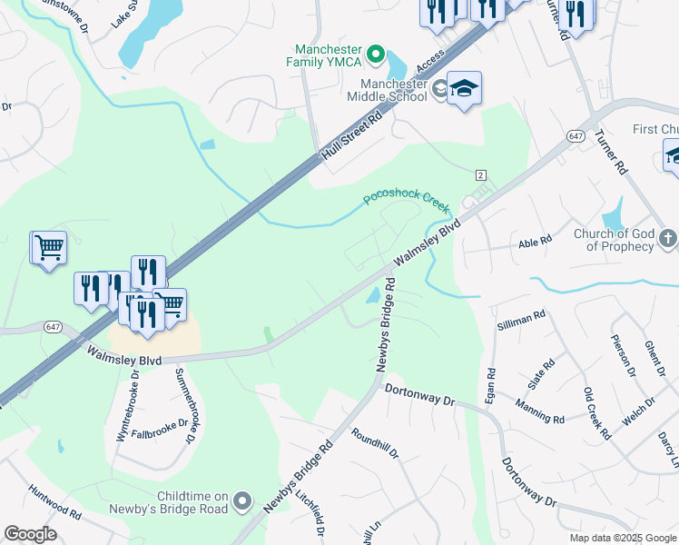 map of restaurants, bars, coffee shops, grocery stores, and more near 7630 Walmsley Boulevard in Richmond
