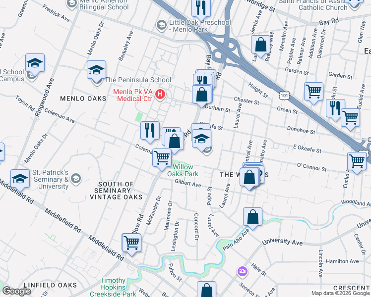 map of restaurants, bars, coffee shops, grocery stores, and more near 600 Willow Road in Menlo Park