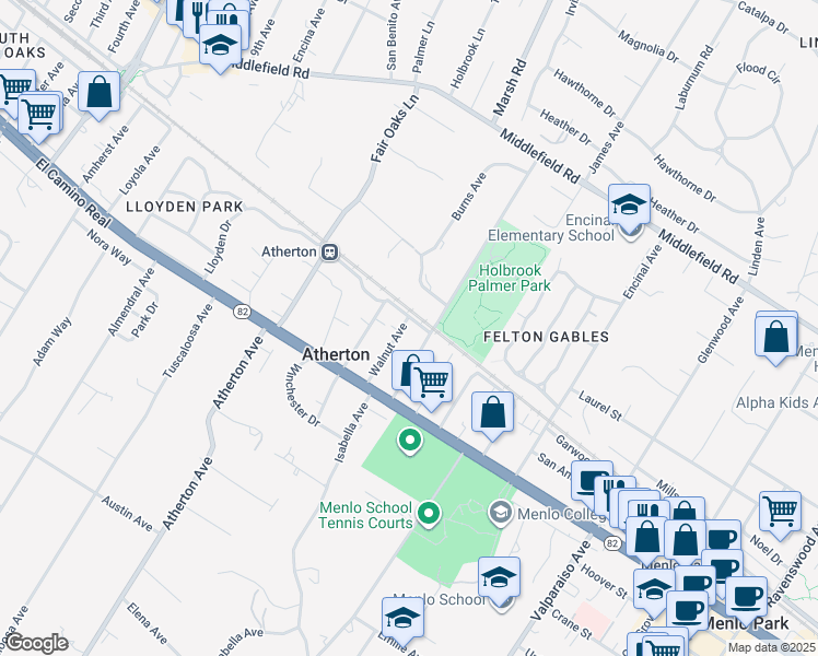 map of restaurants, bars, coffee shops, grocery stores, and more near 90 Walnut Avenue in Atherton