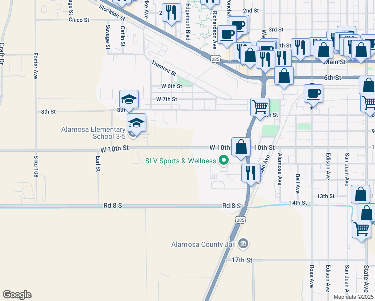 map of restaurants, bars, coffee shops, grocery stores, and more near 1584 West 10th Street in Alamosa