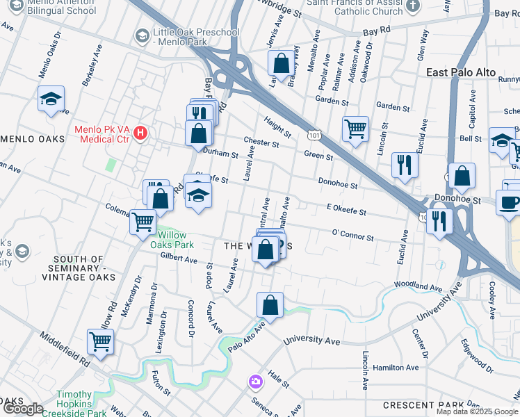 map of restaurants, bars, coffee shops, grocery stores, and more near 625 Central Avenue in Menlo Park