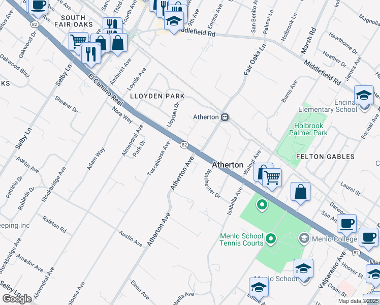 map of restaurants, bars, coffee shops, grocery stores, and more near 2 Atherton Avenue in Atherton