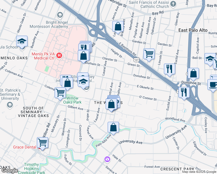 map of restaurants, bars, coffee shops, grocery stores, and more near 625 Central Avenue in Menlo Park