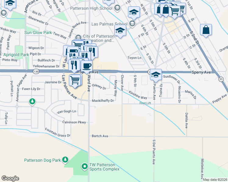 map of restaurants, bars, coffee shops, grocery stores, and more near 540 Moray Way in Patterson