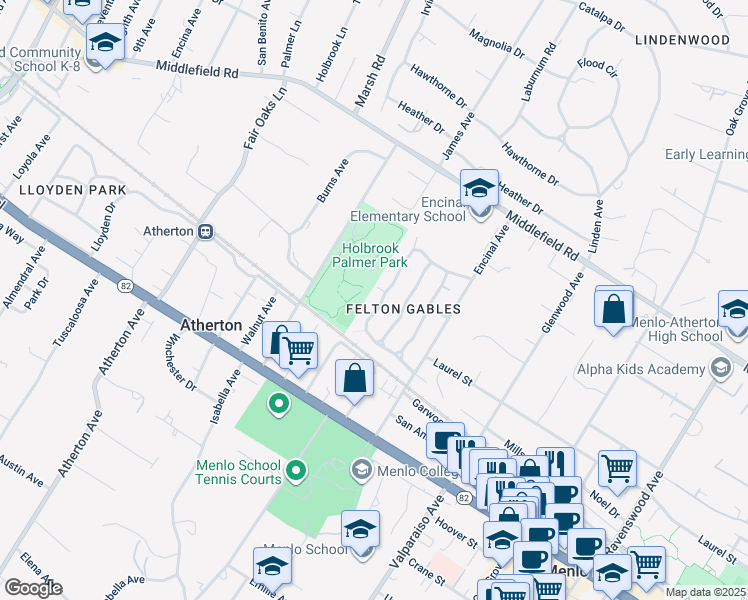 map of restaurants, bars, coffee shops, grocery stores, and more near 344 Felton Drive in Menlo Park